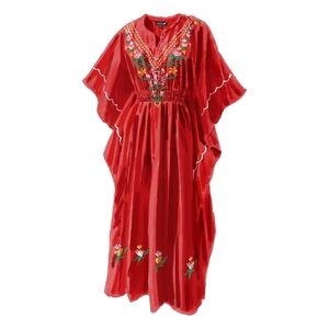 Gorgeous NWOT J Peterman Red Icarian  Embroidered 100% Cotton Caftan SZ Lg/ XL